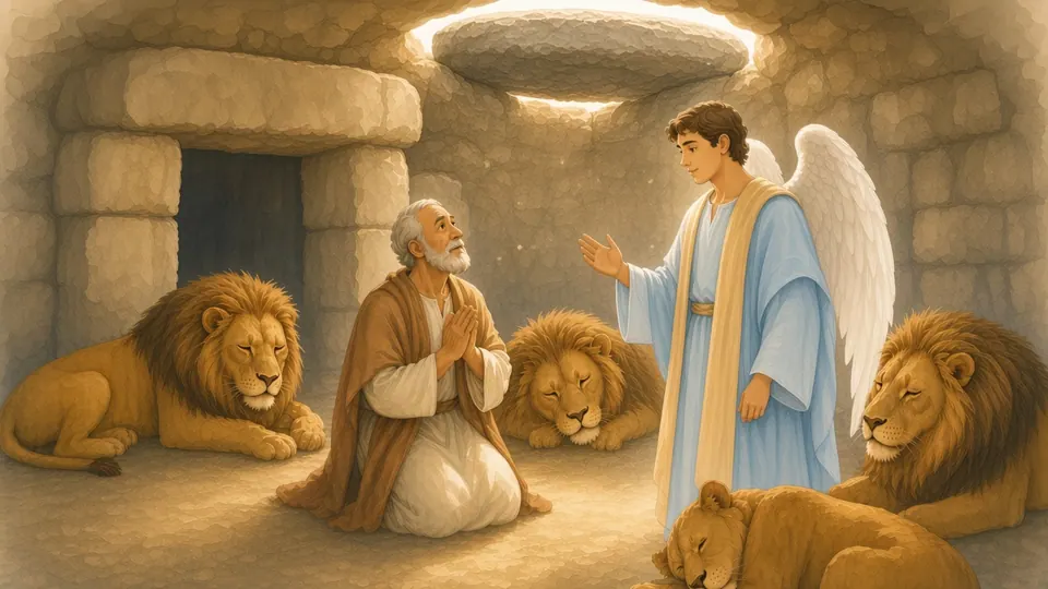 Watercolor picture of Daniel in the Lions' Den
