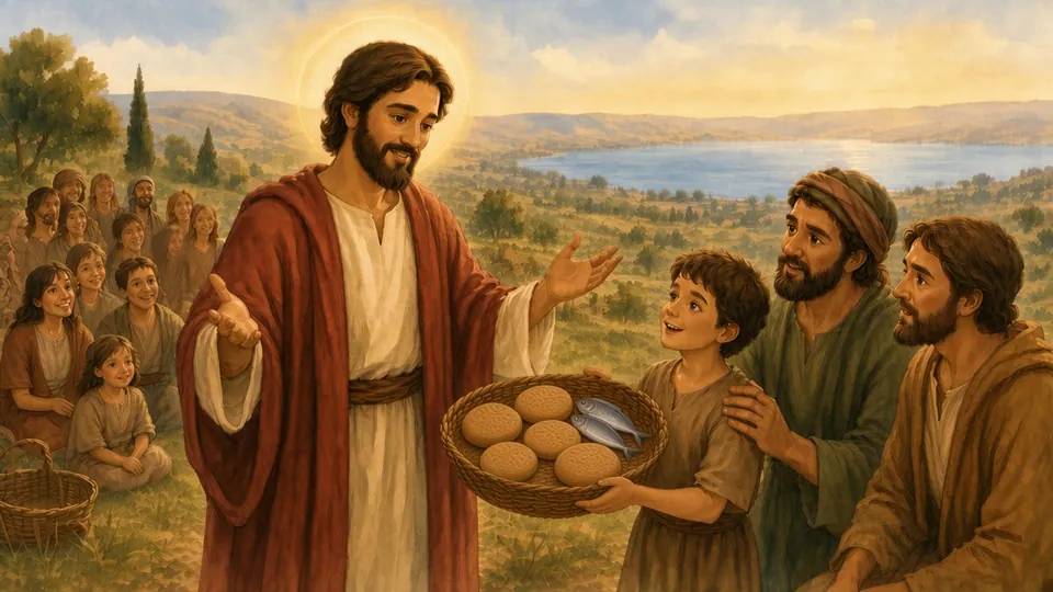Watercolor picture of Jesus Feeds Five Thousand