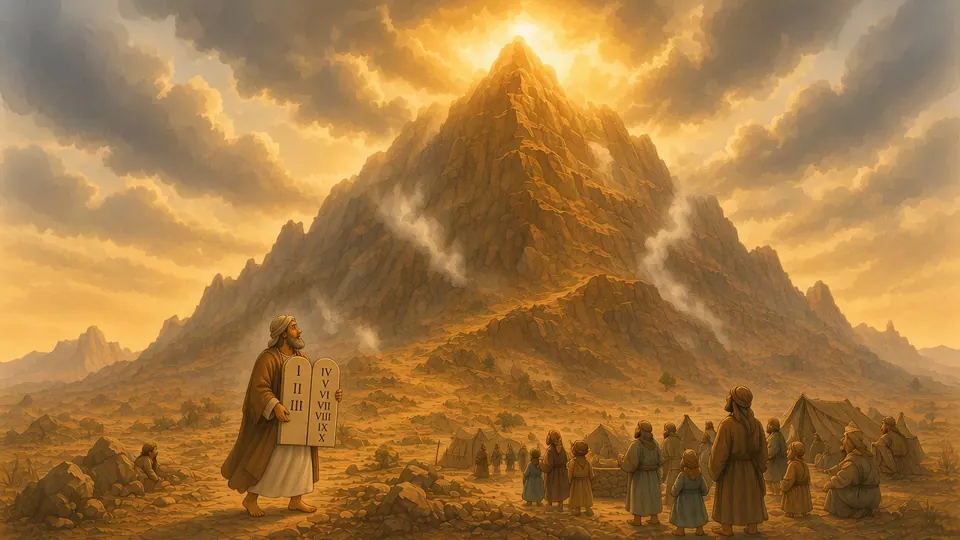 Watercolor picture of Moses on Mount Sinai holding two stone tablets numbered I–III and IV–X, with cloud, smoke and golden light on the mountain and the people waiting below.
