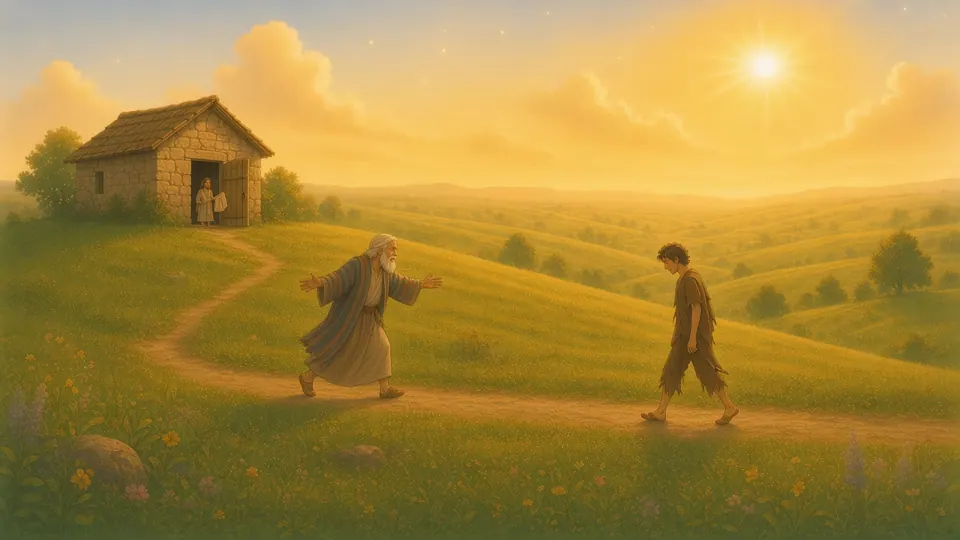 A father runs with open arms down a path to welcome home a returning son.