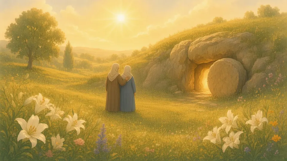 Two people comfort each other in a morning garden, with an empty tomb glowing softly behind them.
