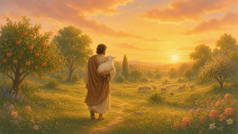 A shepherd carries a lost lamb back to the flock at sunset.