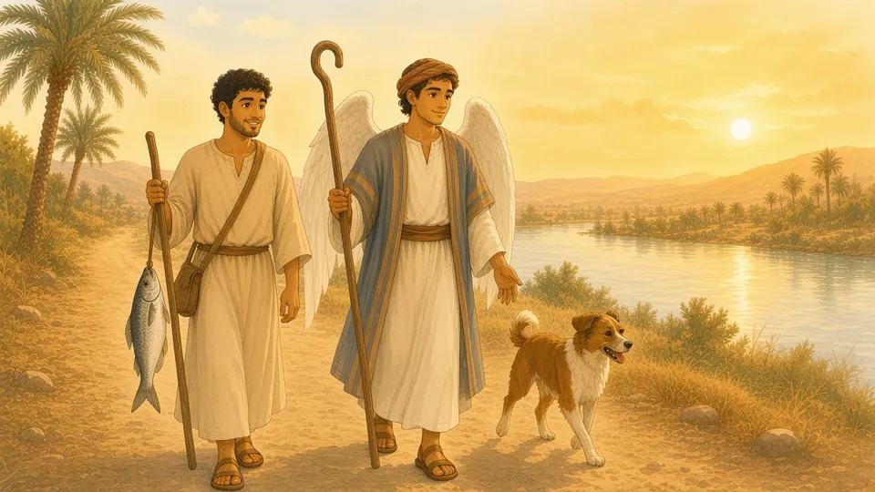 Watercolor picture of Tobias and the Angel Raphael