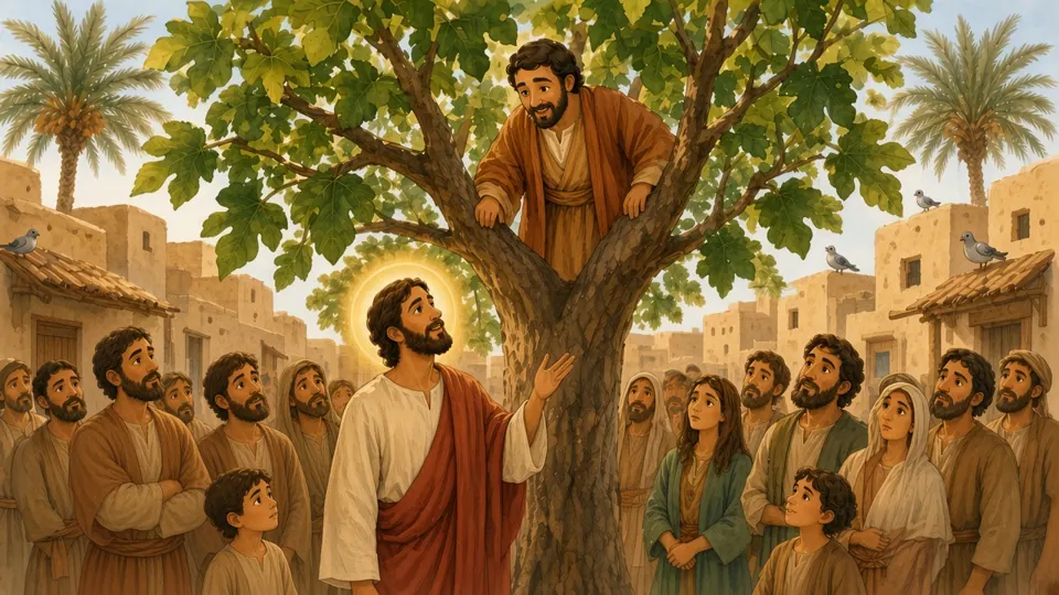 Watercolor picture of Zacchaeus Climbs a Tree